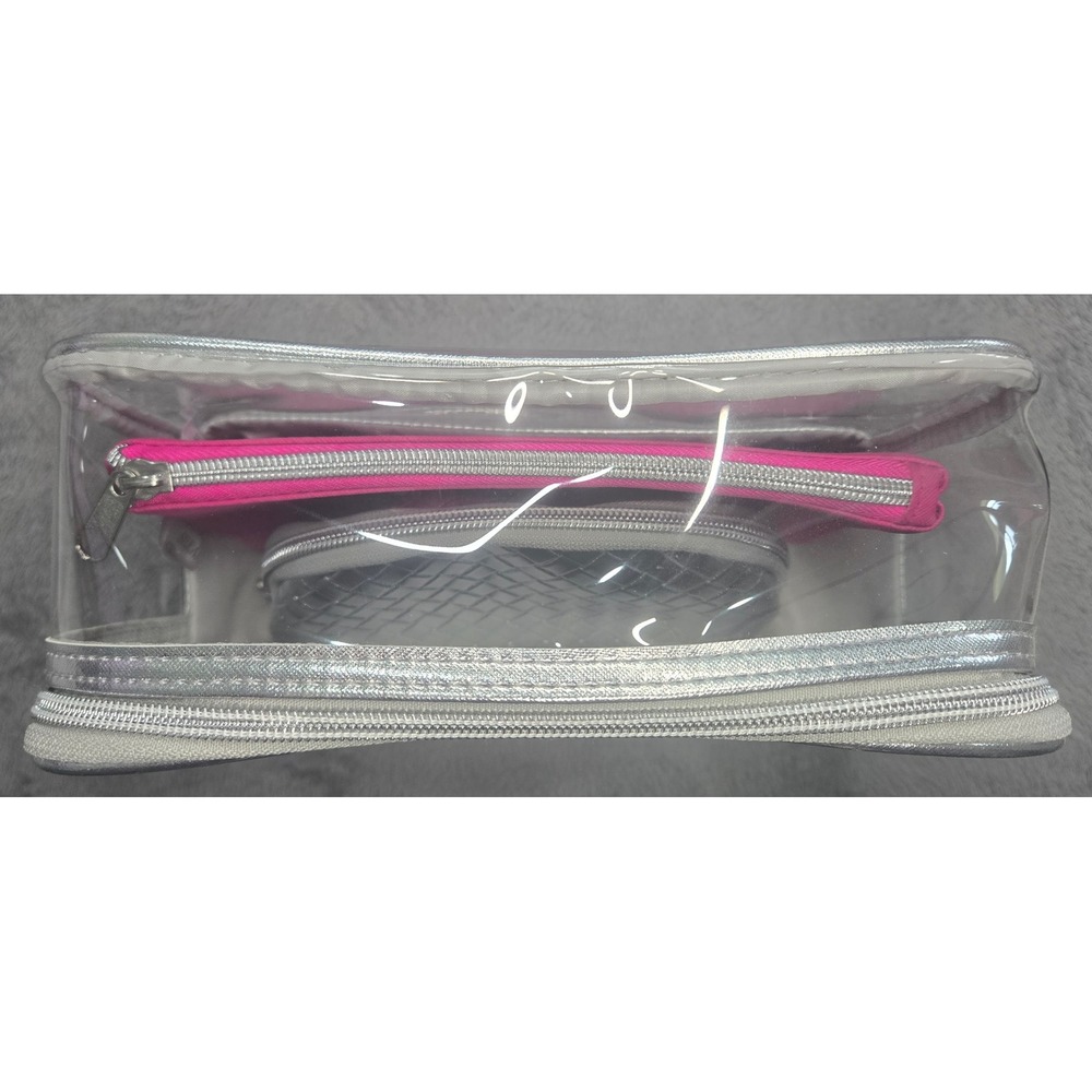 Silver Metallic Clear 3 Piece Cosmetic Travel Bag Set Pink Pouch Woven Dome Bag - Picture 3 of 3
